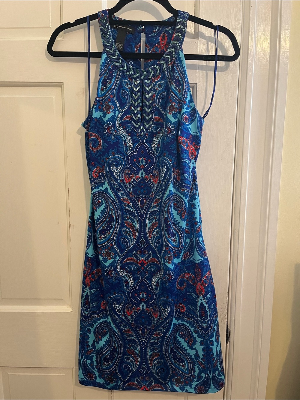 INC International Concepts Blue Paisley Embellished Keyhole Sheath Dress Small